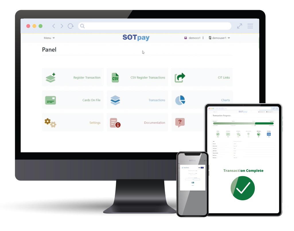 Desktop and mobile device screens showing the SOTpay client