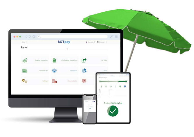 Desktop and mobile device screens showing the SOTpay client